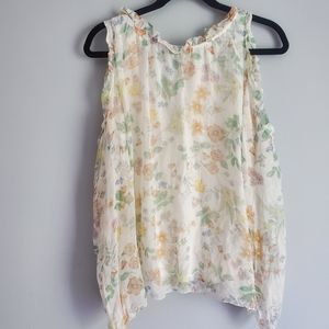 Giusy 100% Silk Floral Long Sleeve Cold Shoulder Ruffle Blouse sizeS